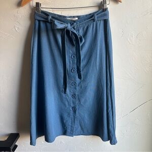 Blue Linen Blend Button-Front Midi Skirt Cottagecore Boho Soft Girl Minimalist M